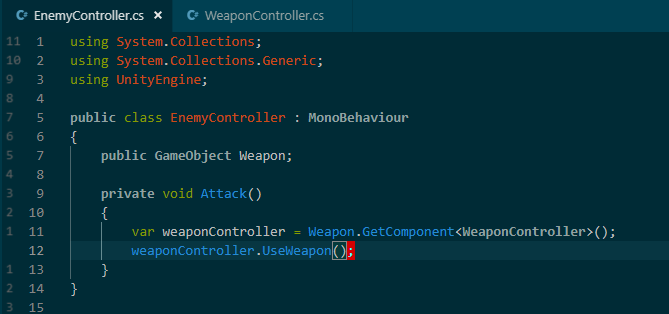 EnemyController class with Weapon field of type GameObject