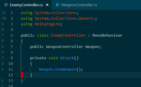EnemyController script with Weapon field of type WeaponController